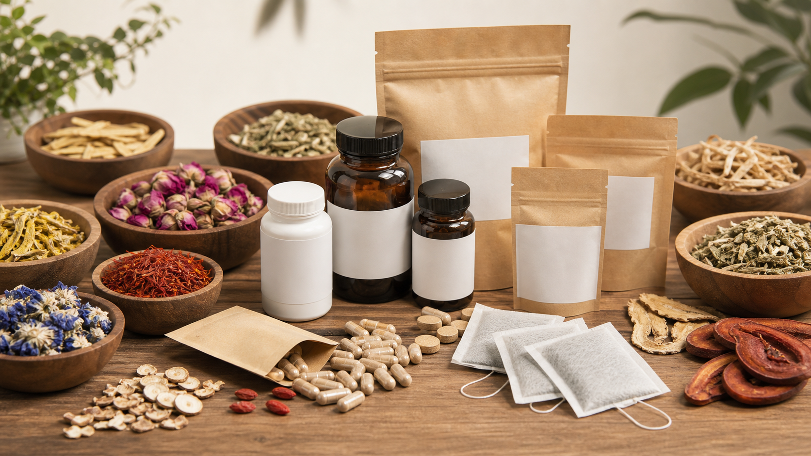 Private label herbal products including bottles, pouches, capsules and tea bags