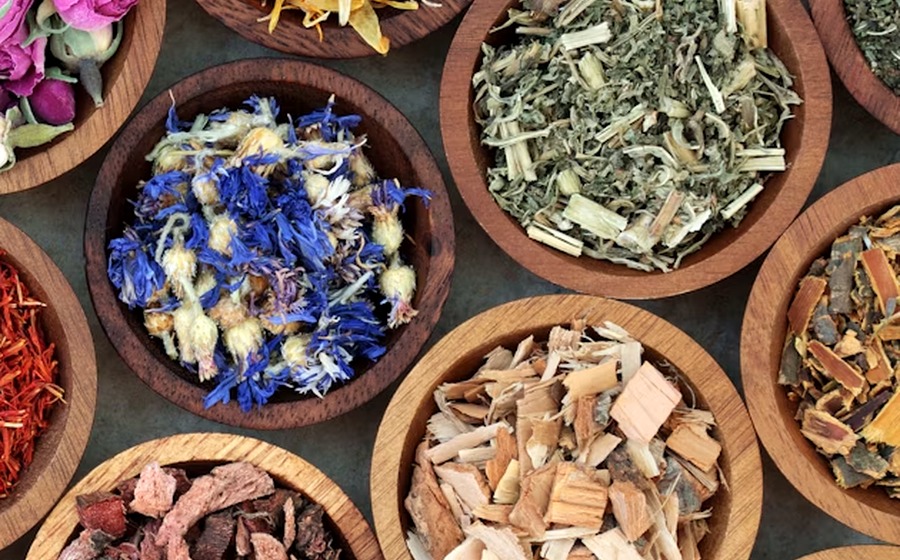 Herbal tea ingredients for blending, tea bags and retail pack projects