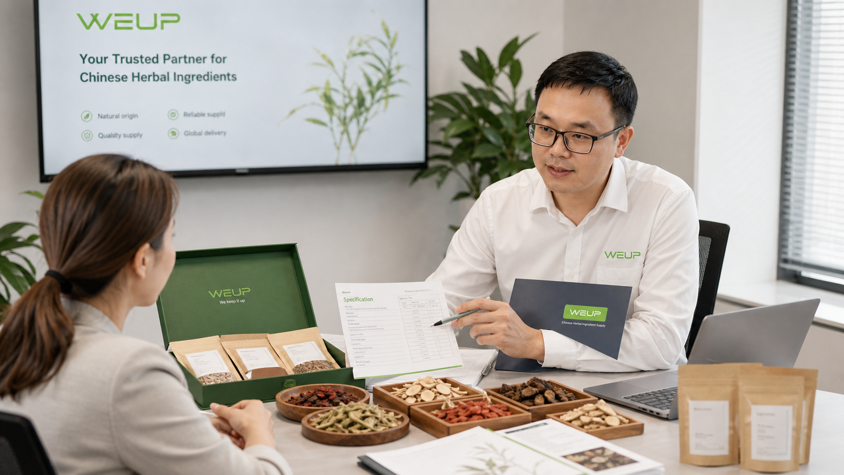 WEUP business meeting with herbal ingredient samples